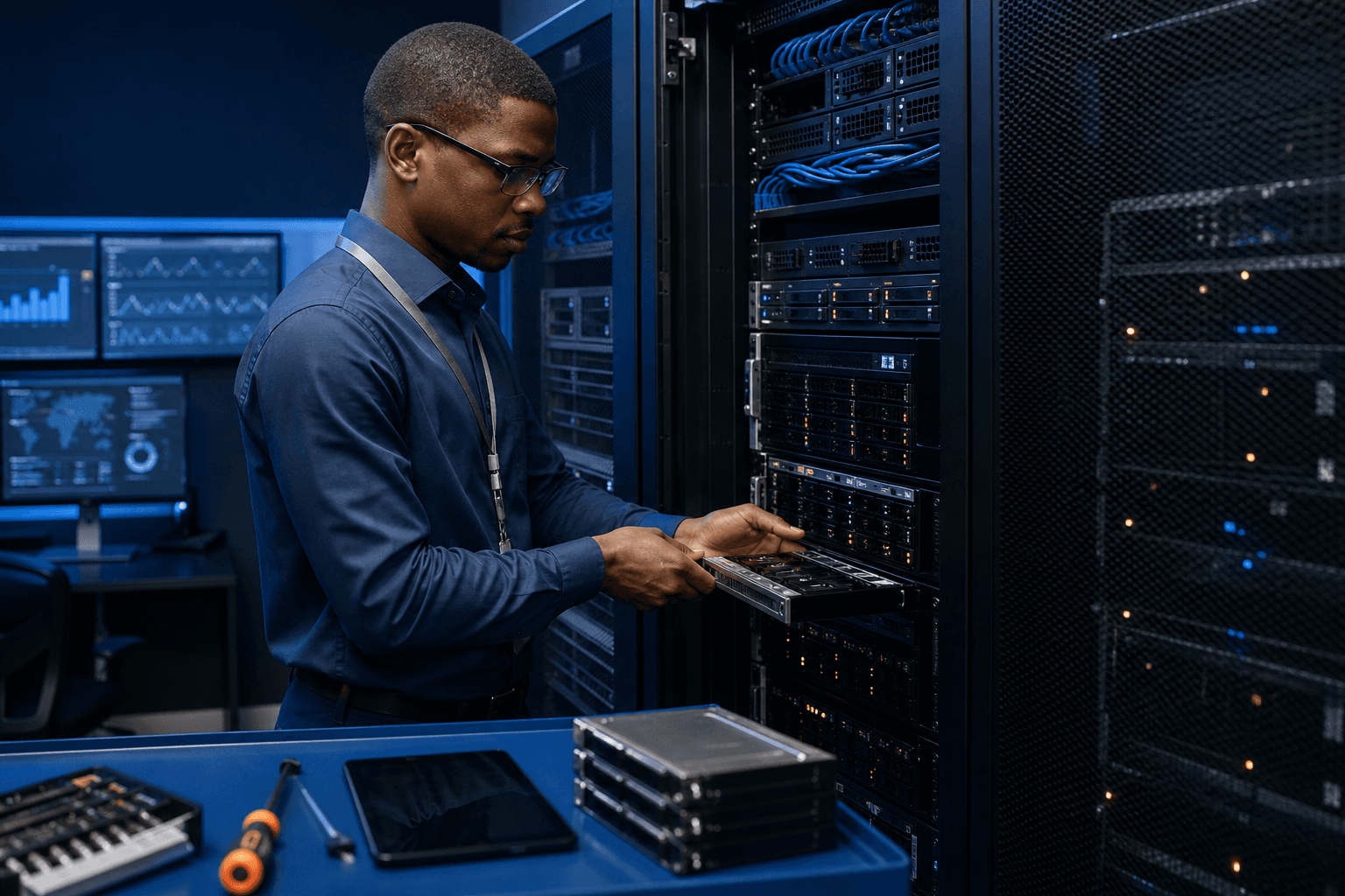 Systems engineer performing secure server maintenance