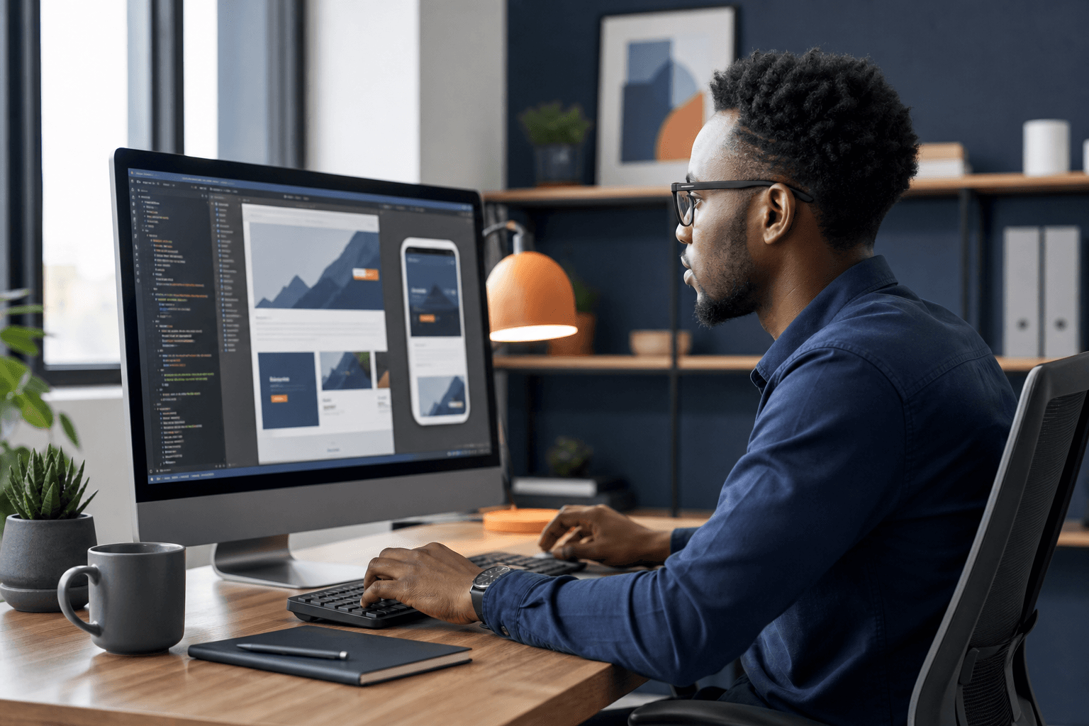 Developer building and testing a responsive business website